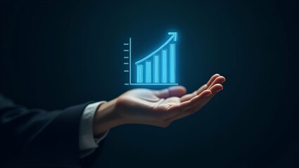 Flat Hand Showcasing Holographic Business Insight Metrics in Minimalist Vector Illustration