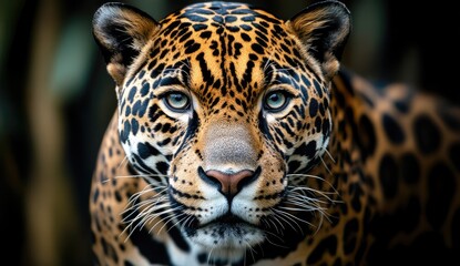Close-up of a jaguar's face.  Intense gaze, spotted coat