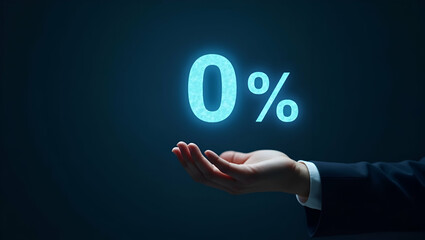 Hand Interacting with Holographic 0% Interest Rate Symbol: Zero Financing Discounts & No Commission Sales