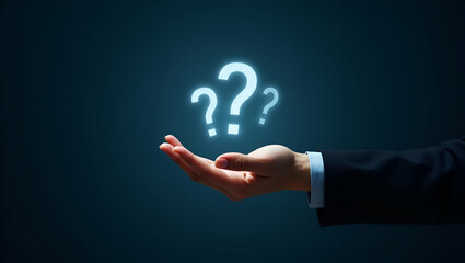 Flat Hand presenting holographic interview performance symbol representing interview questions performance in empty space background concept as A hand showcases holographic interview performance symbo