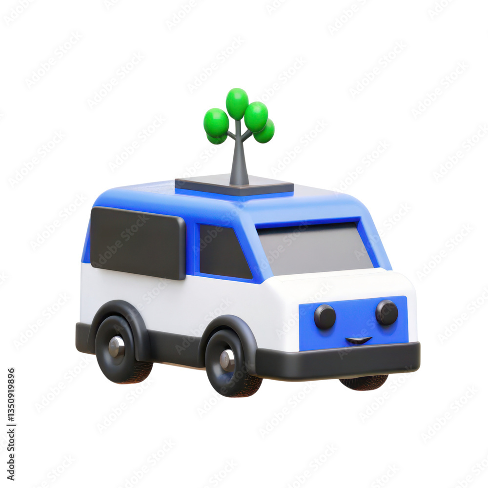 Poster low-carbon 3d concept. toy vehicle with a smiling face and a tree on top.