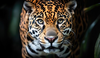 Fototapeta premium Close-up of a jaguar, intense gaze, spotted coat, jungle backdrop