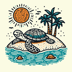 Tropical Sunset Scene with Sea Turtle Vector Mascot Logo