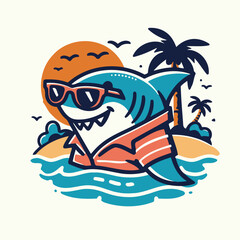 Fun and Playful Shark Chilling at the Beach Vector Mascot Logo