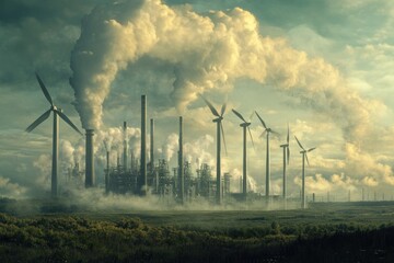 A conceptual artistic rendering where steam from the plant morphs into wind turbine blades, symbolizing sustainable energy integration.