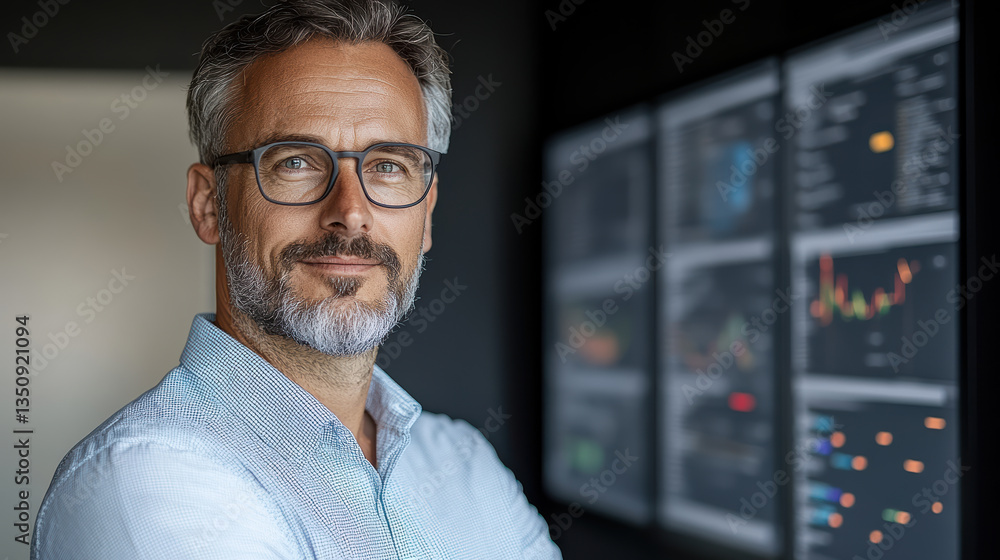 Poster professional man with glasses smiling confidently in front of data visualizations