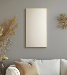 Blank canvas mockup on gray wall above sofa.