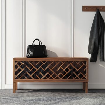 Wooden Lattice Storage Bench with Digital Wim Bles Artwork (Entrance Area, Minimalist Decor, Advanced Rendering)