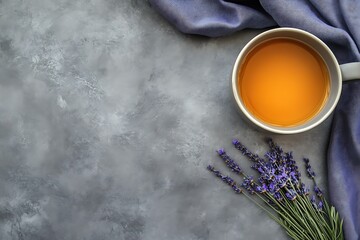 Serene Still Life: Lavender, Herbal Tea, and Textured Grey Background