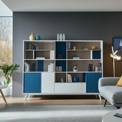 Modern White Cuboidal Bookcase Series with Blue Doors (Living Room, White Legs, Sleek Design)