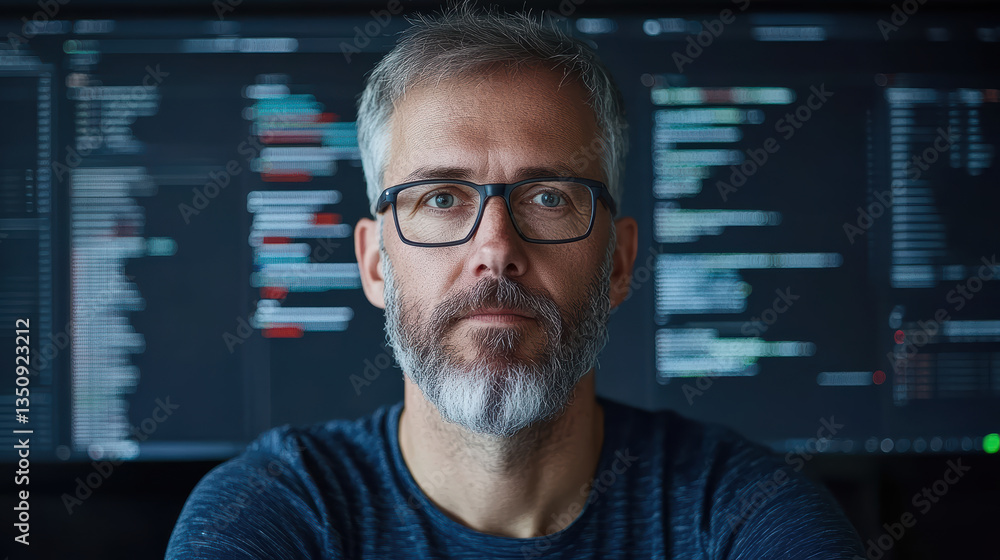 Poster cybersecurity expert focused on ethical technology use, surrounded by code and data