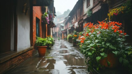 Fototapeta premium A charming alleyway displays flowers and plants on a rainy day