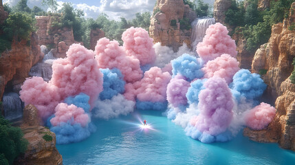 Colorful waterfall scene with pink and blue clouds