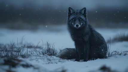 Fototapeta premium Fierce Arctic fox camouflaged in the snow its icy blue eyes glowing in the dim polar night