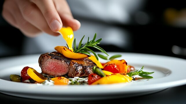 Close-up of chef plating a grilled steak with roasted vegetables and sauce. - Powered by Adobe