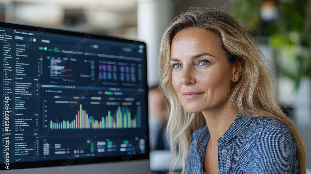 Poster professional woman analyzing data on computer screen, showcasing digital analytics and insights