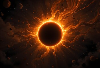 Spectacular Solar Eclipse with Fiery Corona and Floating Cosmic Debris in a Dark Space Atmosphere