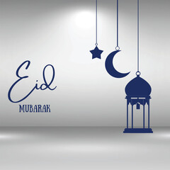 Elegant Eid Mubarak Design: Celebrate the Festivity with Beautiful Decorations Featuring Stars, Moons, and Lanterns, Perfect for Greeting Cards and Festive Occasions