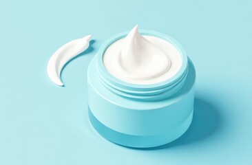 Face cream in jar and smear on light blue background, top view