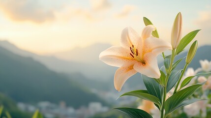 Spring flora action white lily blooming in nature mountain landscape serene environment