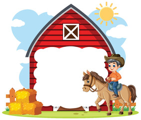 Boy Riding Horse Near Red Barn