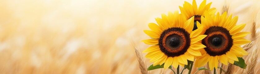 Obraz premium Two vibrant sunflowers stand out against a soft, golden background, symbolizing warmth and beauty in nature.