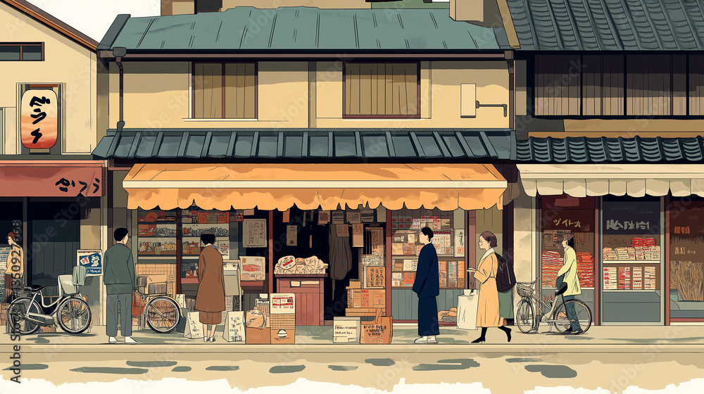 Fototapete ノスタルジックな日本の夕暮れ商店街風景 昭和の食堂の前に置かれた自転車と植物が静かに時間を刻む日常イラスト 素材や背景にぴったりのレトロ風景