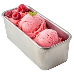 Vibrant raspberry sorbet in a metal tub