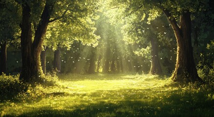 Sunlight streams through a lush forest with many flying birds
