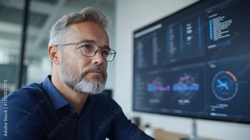 Poster focused executive analyzing data on large screen in modern office environment