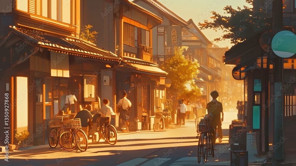 Fototapete 懐かしい昭和の日本の下町風景 食堂の前に並ぶ自転車と植木鉢が織りなすあたたかい夕暮れの情景 ノスタルジーに浸れる商店街イラスト 背景素材にも最適