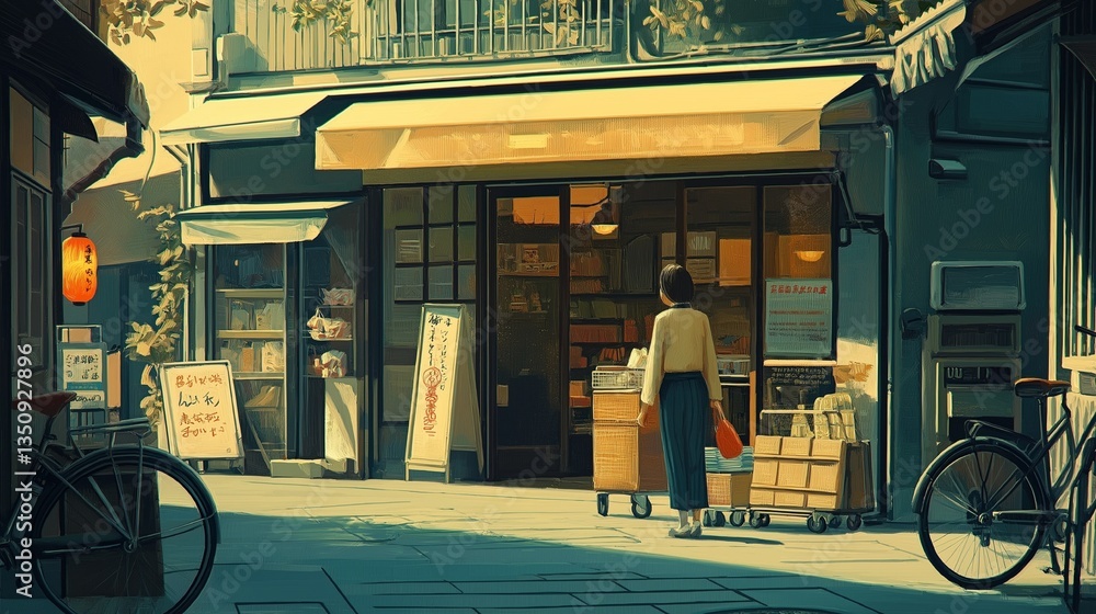 Fototapete 日本の昭和風情を感じる商店街の夕景 昔ながらの食堂と自転車、植物に囲まれた優しい雰囲気の街角風景 懐かしい下町の情景を描いたレトロな背景イラスト素材