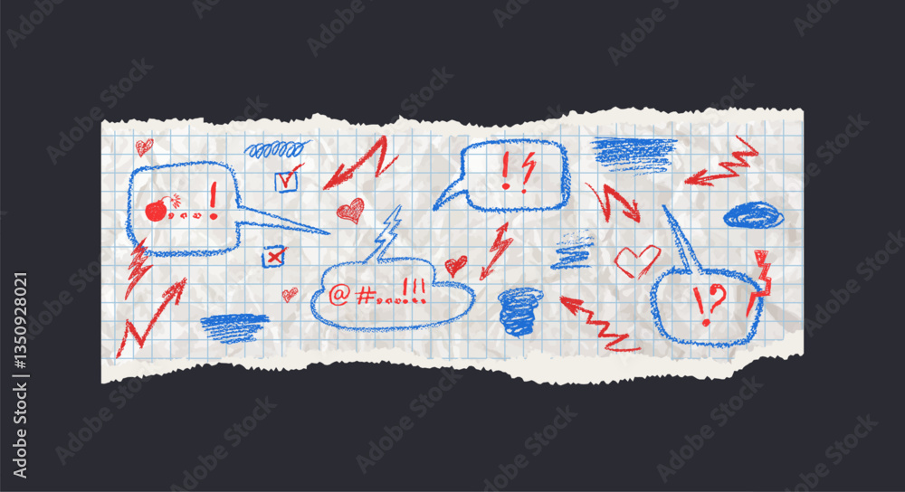 Poster piece of page with red color swear symbols. blue dialog text boxes written by wax crayon on jagged w