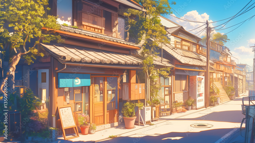 Fototapete 昔懐かしい昭和の日本の商店街風景 自転車と猫が佇む静かな雑貨屋の前 鉢植えや商品が並ぶ風景が柔らかい光に包まれたイラスト素材 背景用