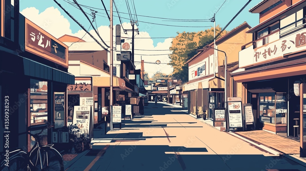 Fototapete 夕方のやさしい光に包まれた昭和レトロな日本の商店街の風景 商店の前に座る猫と赤い自転車 植木とポスターが飾られた懐かしい町の一コマ イラスト素材