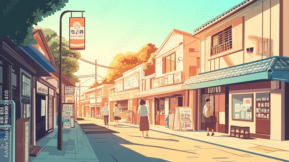 Fototapete 昭和レトロな雰囲気漂う日本の商店街の店先に座る猫と自転車のある風景 夕暮れの柔らかな光に包まれた静かな町の風情 背景素材にも使えるノスタルジックな一枚