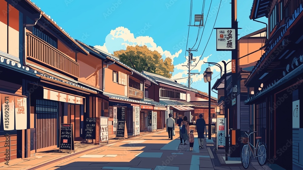 Fototapete 昭和レトロな日本の商店街の一角 夕暮れ時に優しい光が差し込む小さな商店と自転車と猫 ノスタルジックな風景 イラスト素材 街並み 懐かしい日常情景 背景