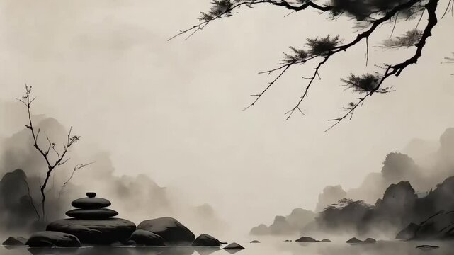 Oriental Ink Landscape Watercolor Art Traditional Asian Painting Background Footage