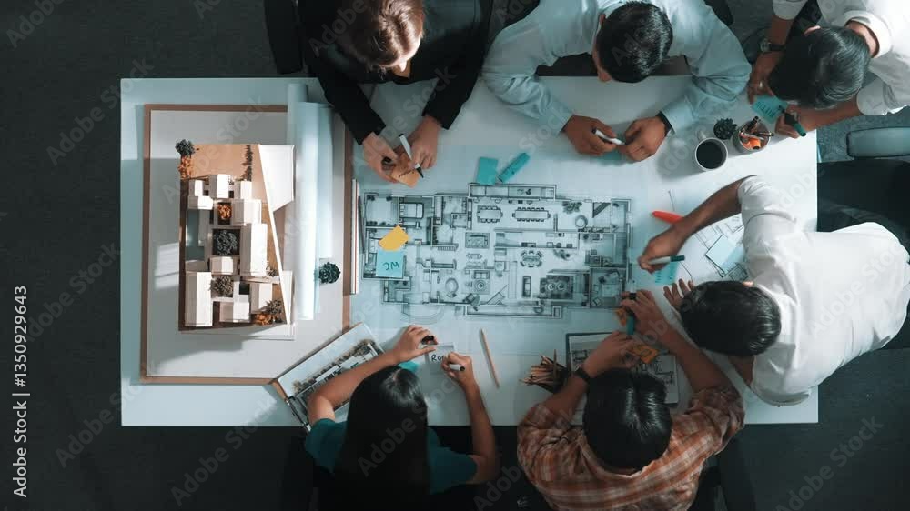 Poster top aerial view of project manager or civil engineer writing at blueprint and planning building desi