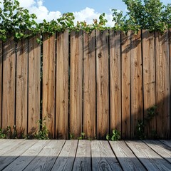 Rustic wooden fence with a weathered look, vines growing along the top, and a wooden deck in the foreground. The sunlight creates shadows on the fence.