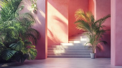 Sunlight streams into a minimalist interior space, illuminating a modern staircase and lush tropical plants.  Pink walls and the vibrant green foliage create a serene, tranquil atmosphere.