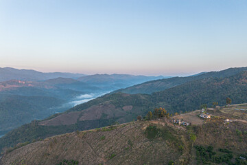 Mountain view on Doi Chang, Chiang Rai Province, northern Thailand at the beginning of the rainy season.