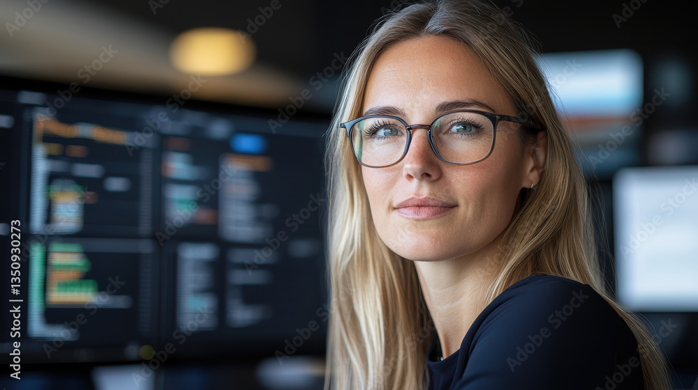 Poster focused professional analyzing data on multiple screens, showcasing determination and expertise