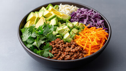 vibrant taco bowl filled with fresh ingredients like avocado, ground meat, and colorful