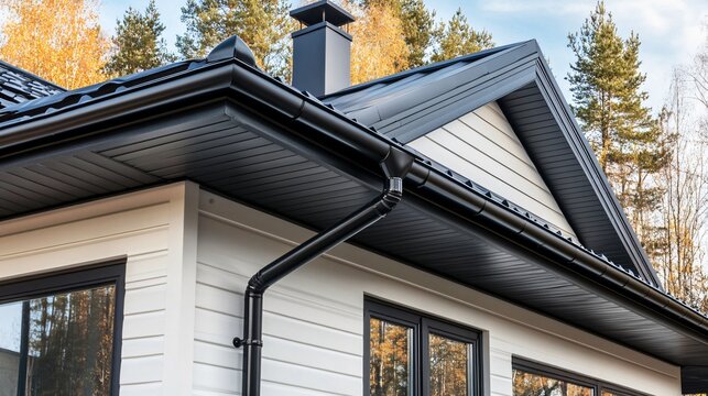 A black seamless gutter contrasting beautifully against a white modern house, minimalistic and sharp