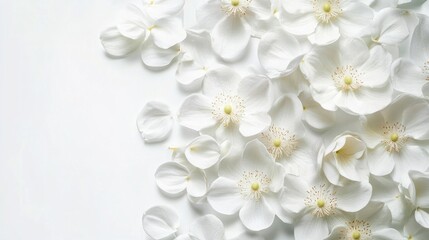 Soft white petals create a serene and elegant floral arrangement. The delicate blossoms and fallen petals are arranged artfully on a white background.