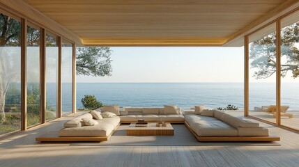 Fototapeta premium Bright living room with large windows overlooks the ocean