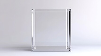 A minimalist transparent cube on a white background. The cube's sleek design and clean lines create a sense of modern elegance.