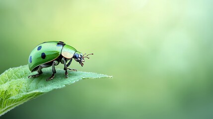 Spring nature action green ladybug on flora leaf macro close-up view vibrant environment