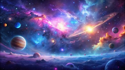 A Breathtaking Celestial Panorama Vibrant Nebulae, Glowing Stars, and a Myriad of Planets Across a Cosmic Landscape